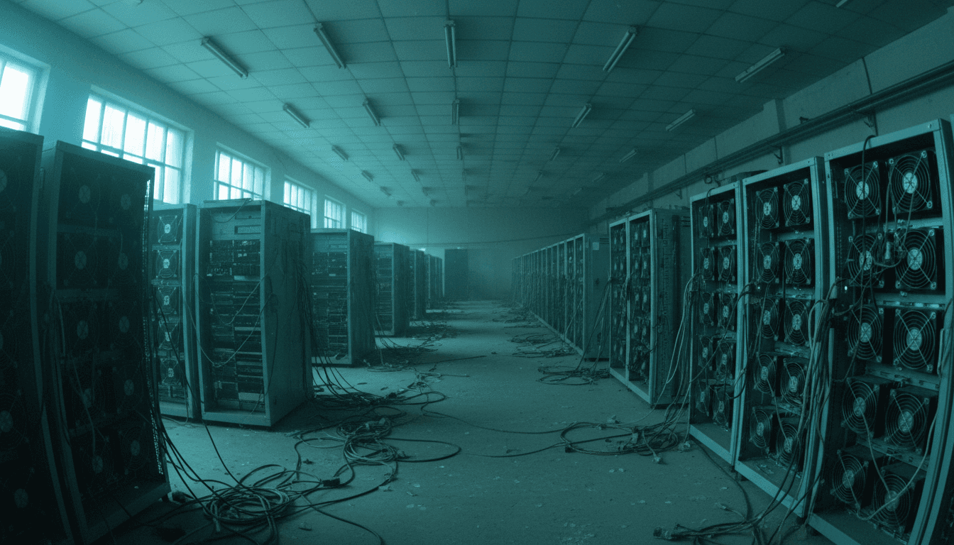 Empty server room with disconnected cables and dormant mining rigs, symbolizing the fraudulent HashFlare cryptocurrency operation.