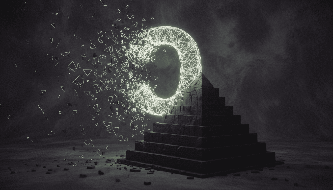 A stylized digital currency icon shattering into fragments, revealing a pyramid scheme beneath, representing the collapse of OneCoin and Ruja Ignatova's fraud.