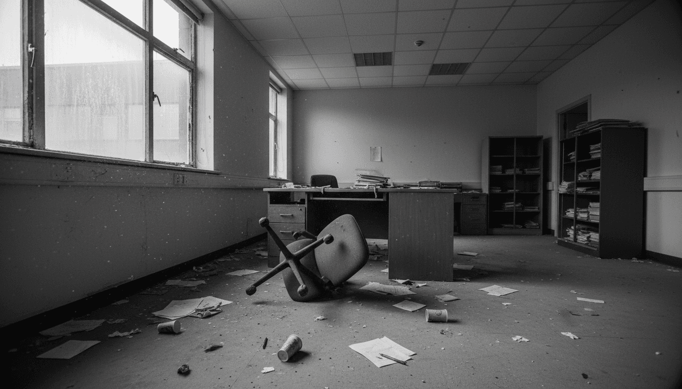 A dimly lit, empty office space with discarded papers and an overturned chair, conveying a sense of abandonment and the aftermath of a financial crime.