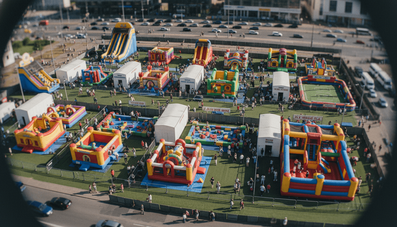 Aerial view of an amusement park with various inflatable play equipment, representing the businesses affected by Gary Whipps' insurance fraud scheme.