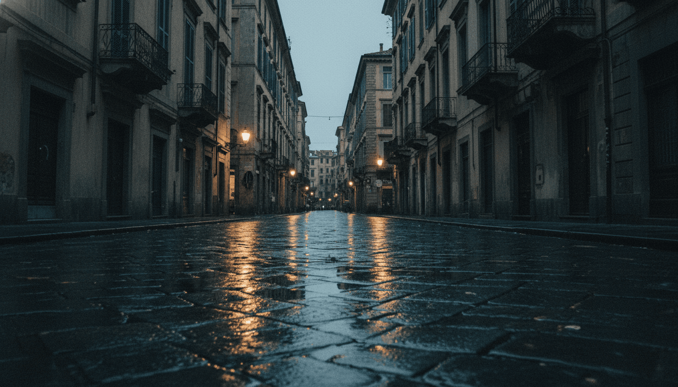 Rain-slicked cobblestone street in Genoa at dusk, reflecting the faint glow of distant streetlights, an empty, heavy atmosphere suggesting the quiet uncovering of a hidden scheme.