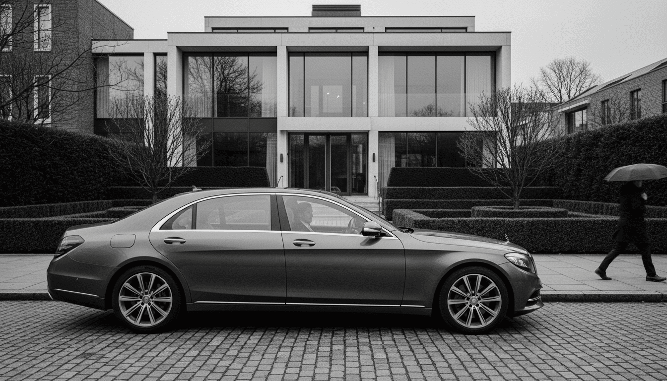A street-level candid shot of a luxury car parked outside a modern mansion, with a blurred figure in the driver's seat, suggesting illicit gains from fraud.