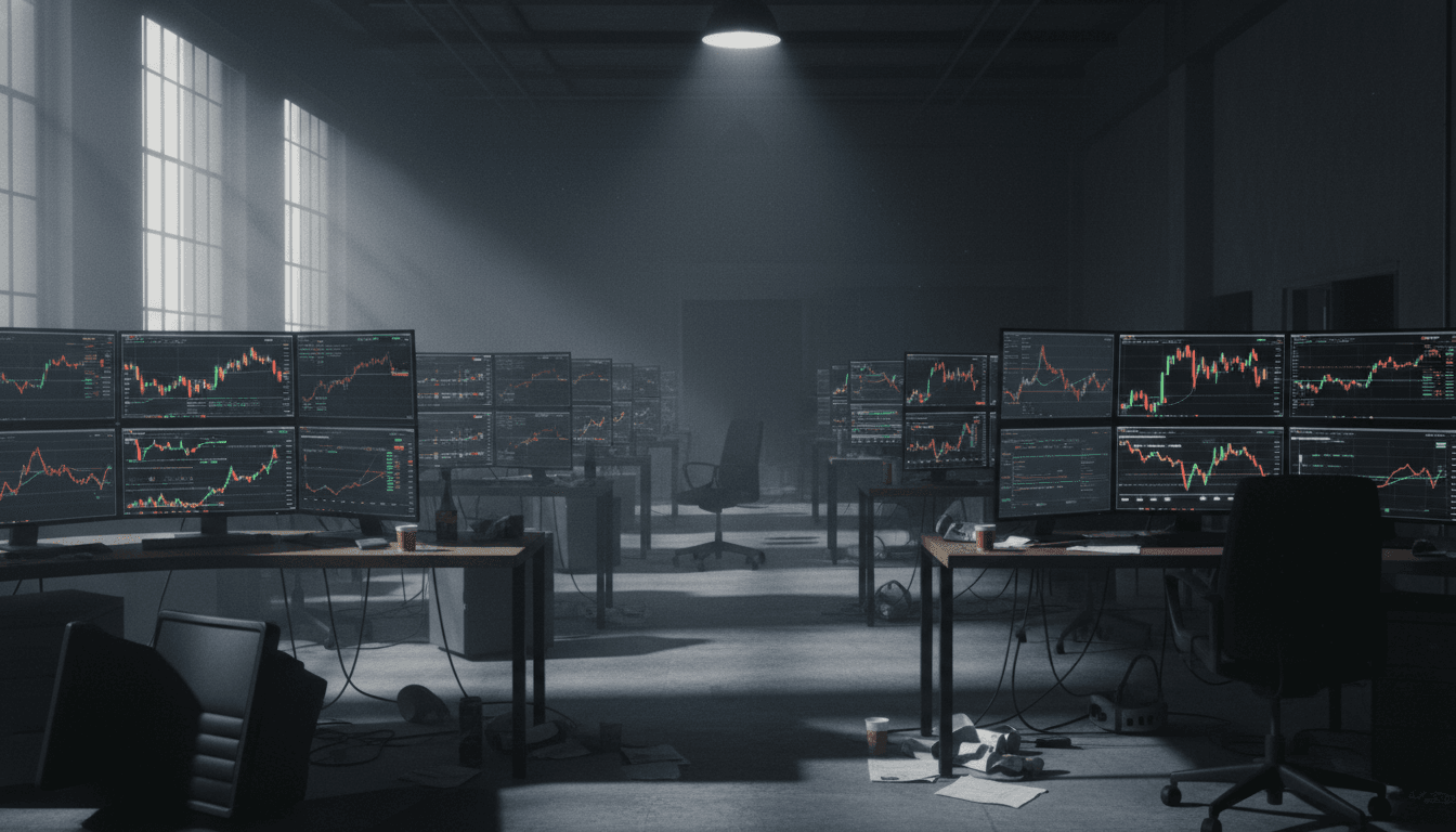 Empty, dimly lit cryptocurrency trading floor with screens displaying frozen, complex charts and a few scattered discarded coffee cups, suggesting a sudden abandonment.