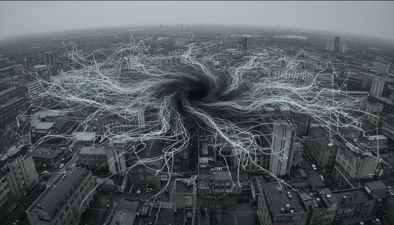 Aerial view of a complex digital network with cryptocurrency transaction lines converging into a dark, swirling vortex, representing Tornado Cash, with digital currency symbols flowing out into disparate, untraceable paths.