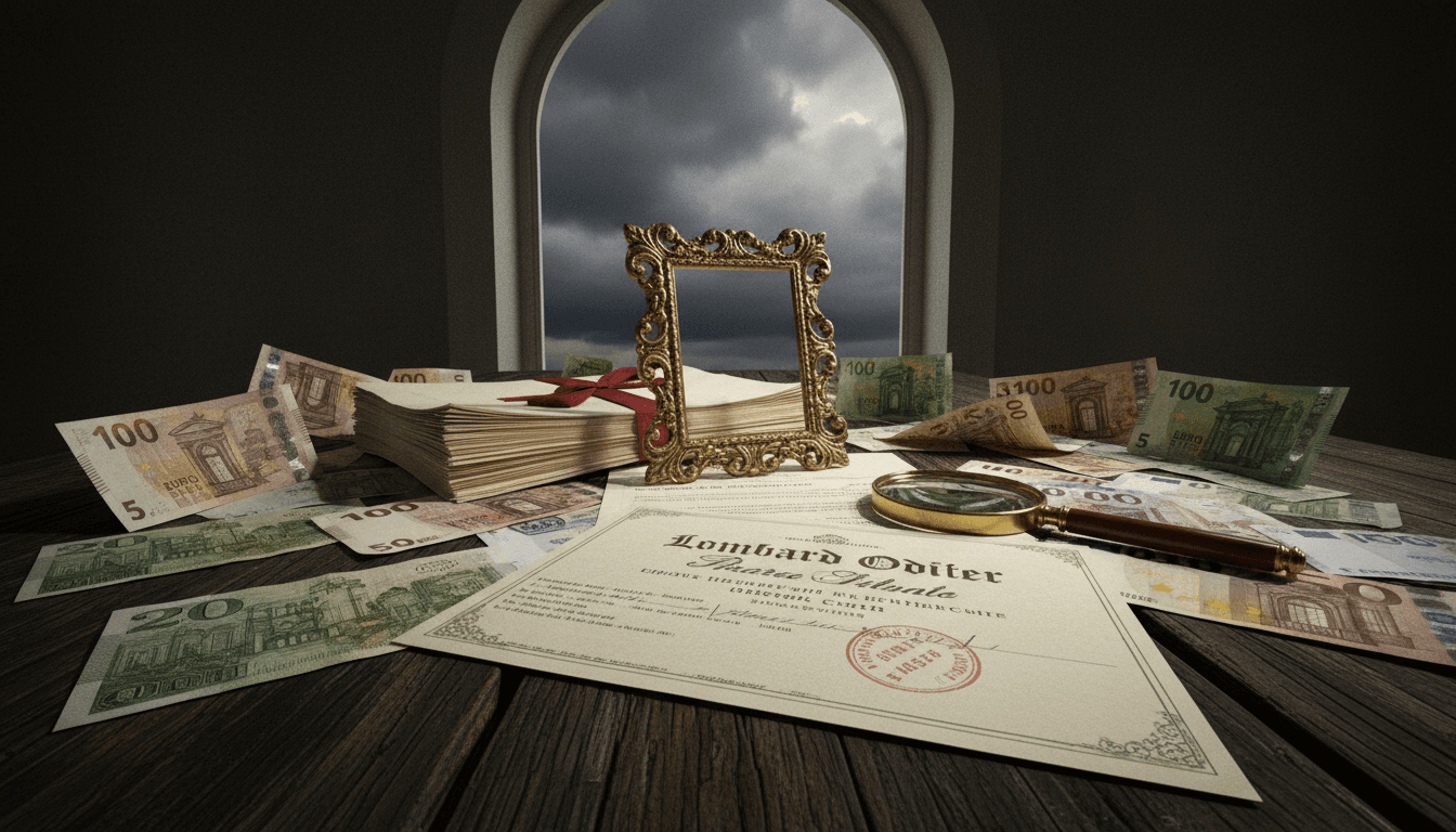 A still life composition of vintage Swiss francs and Italian euro banknotes, scattered around a framed, empty space where a painting should be, alongside a single worthless share certificate. A magnifying glass rests on a document titled 'Lombard Odier transfer'.