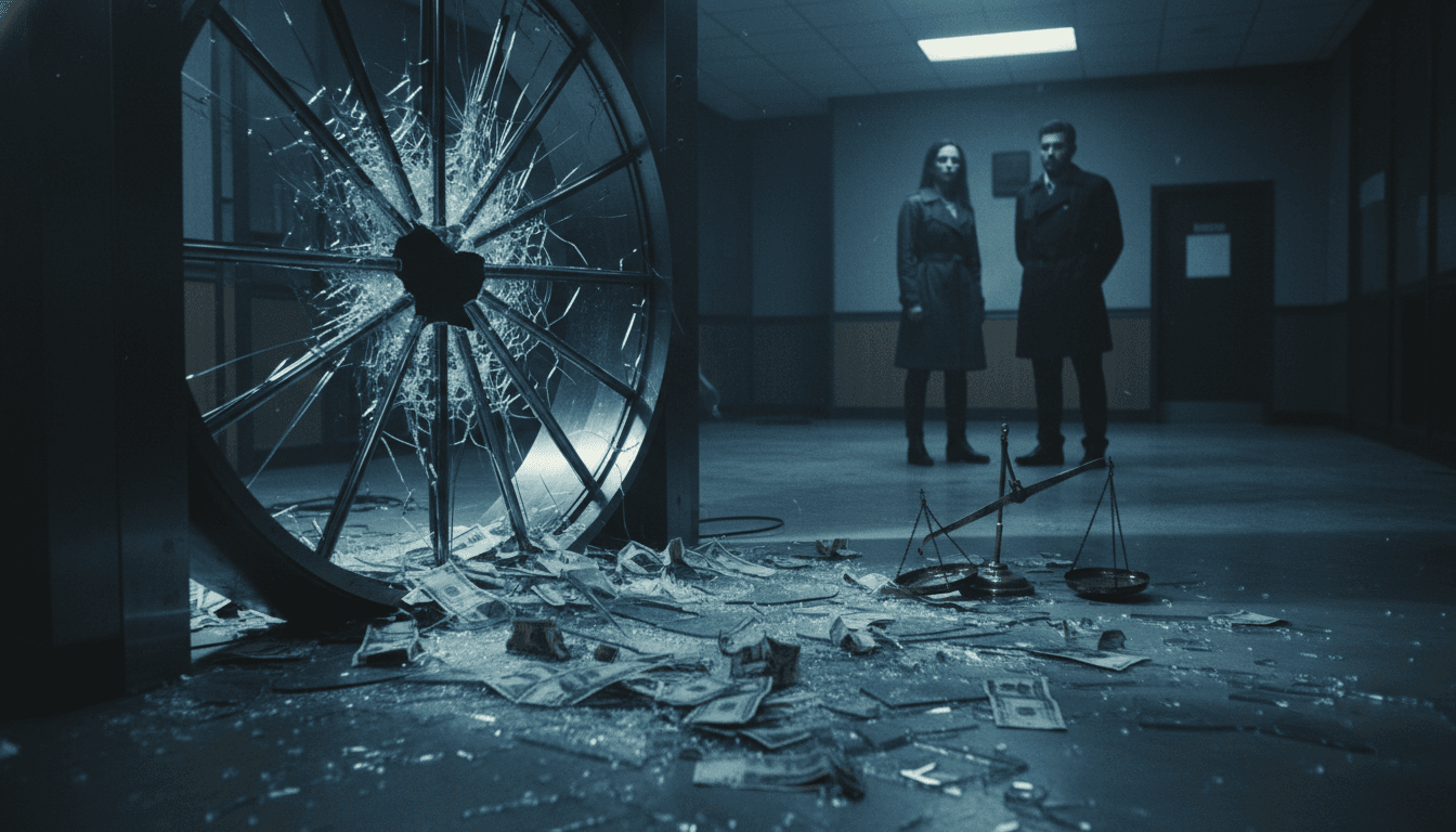 A shattered glass vault door, representing the collapse of a bank, with scattered dollar bills and Venezuelan bolivars on the floor, symbolizing lost deposits and international fraud. A broken scale of justice lies nearby.
