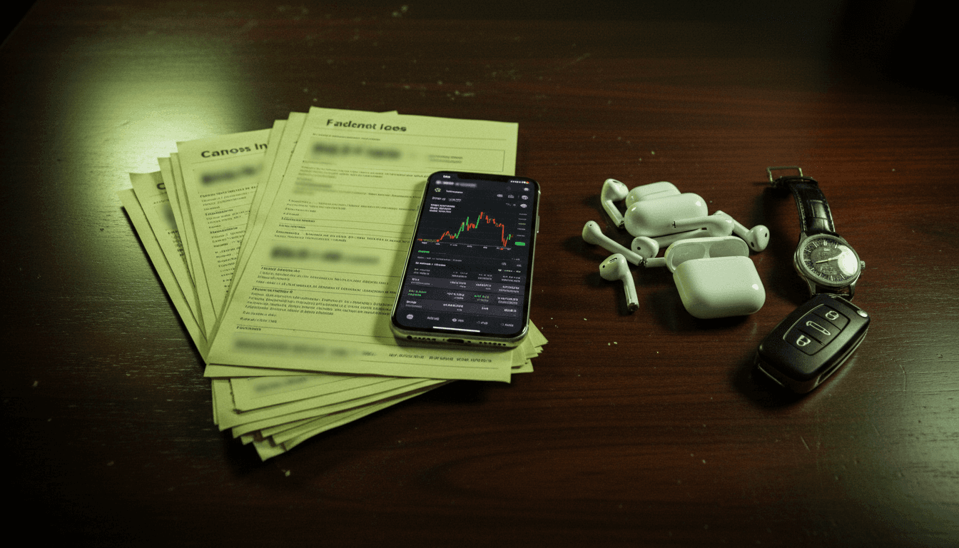 A curated still life of objects representing the VAT fraud and money laundering scheme: a stack of counterfeit invoices, a mobile phone displaying a cryptocurrency wallet, a small pile of AirPods, a luxury watch, and a car key for a high-end vehicle, all arranged on a dark, textured surface.