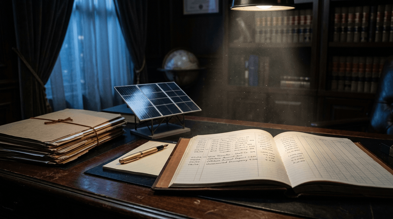 A blueprint of a solar farm overlaid with legal documents representing the solar energy fraud investigation.