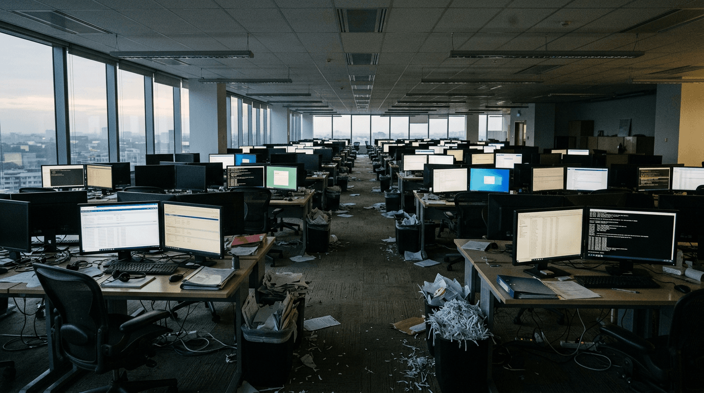 A wide shot of a dimly lit, empty call center with numerous computer monitors displaying frozen bank accounts and transaction logs, symbolizing the aftermath of an online scam millions investigation.