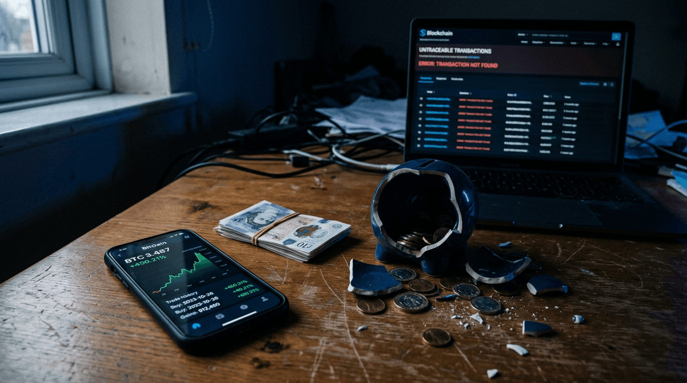 A still life composition depicting objects related to UK cryptocurrency scams: a smartphone displaying a fake trading app, a stack of British pound notes, a laptop with a blank blockchain explorer, and a shattered piggy bank, symbolizing financial loss.