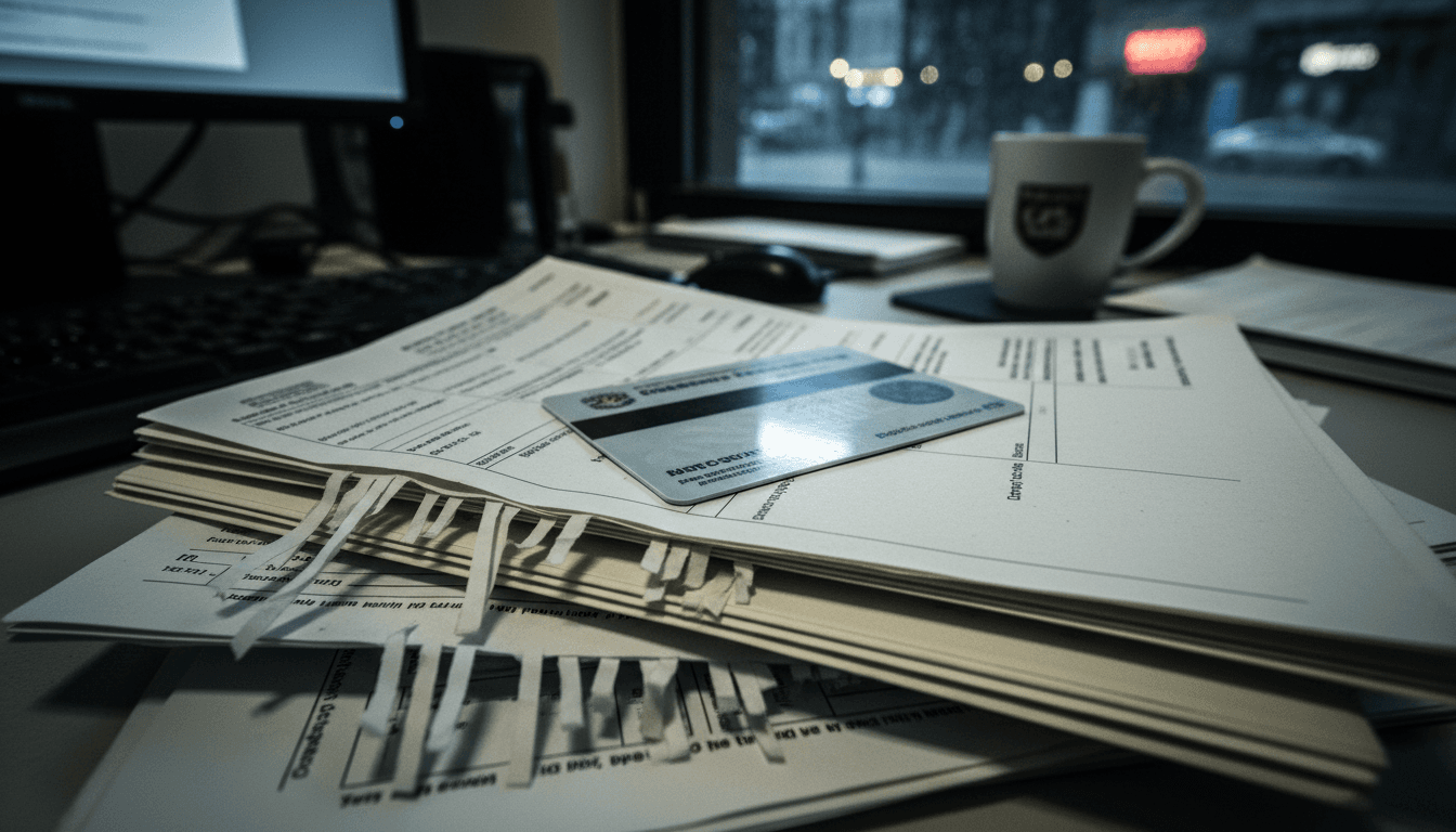 Close-up of a stack of fraudulent benefit application forms with blurred personal details, alongside a generic government benefits card, symbolizing the multistate benefits fraud scheme.