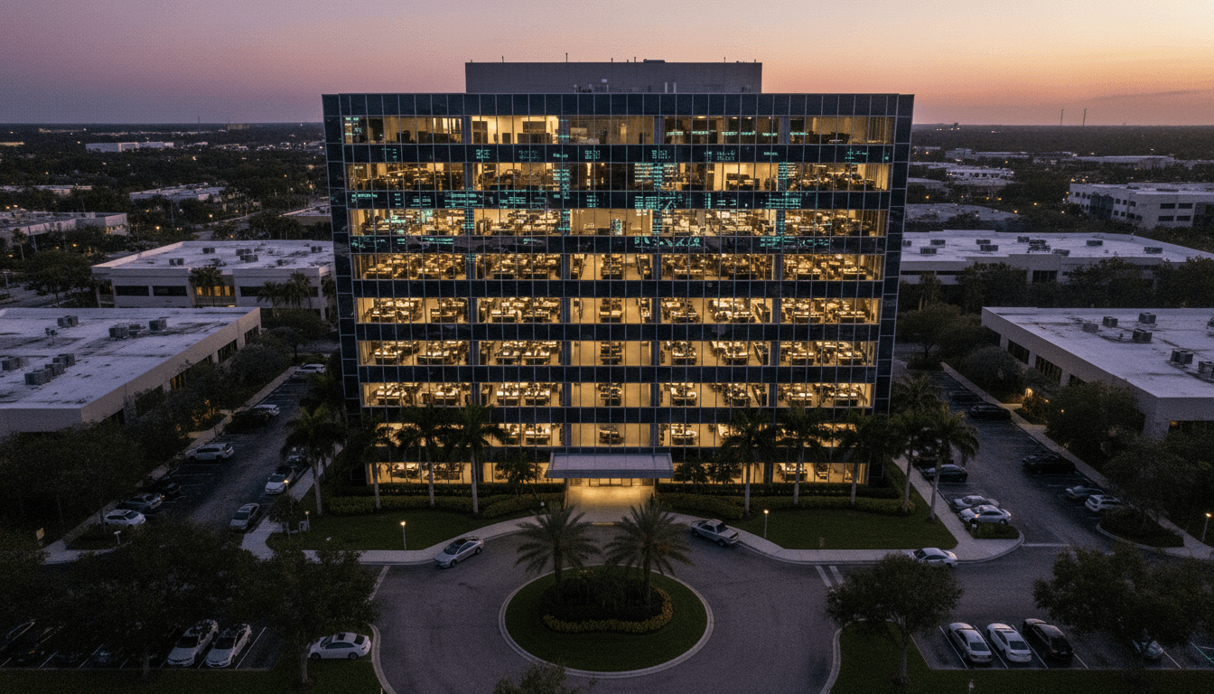 An aerial drone view capturing the scale of the $4 million escrow theft, showing a sophisticated office building in Boca Raton, Florida, with a blurred financial data overlay on screens inside.