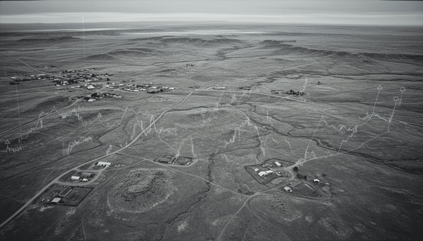 Aerial view of a sprawling, rural Wyoming landscape with small, scattered towns, symbolizing the widespread impact of devastating Wyoming scams across the state.
