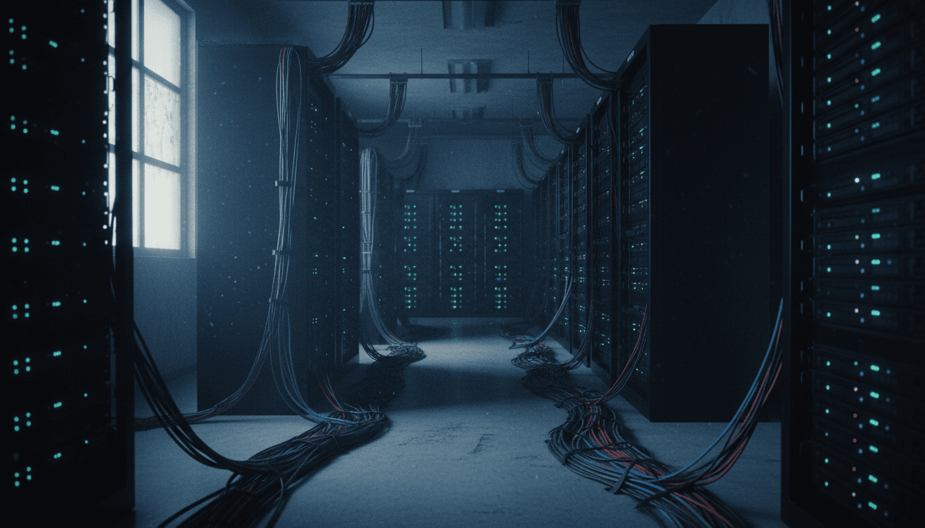 A dimly lit server room with rows of blinking lights and cables, symbolizing the hidden infrastructure behind a large-scale streaming fraud case.
