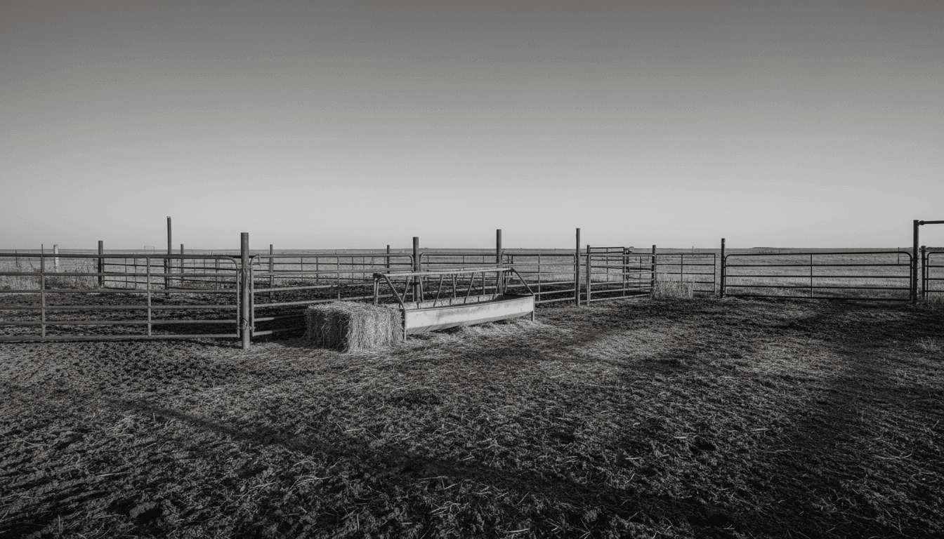 A rural Killdeer cattle scam operation's empty, muddy pens at dawn, hinting at the absence of the promised livestock.