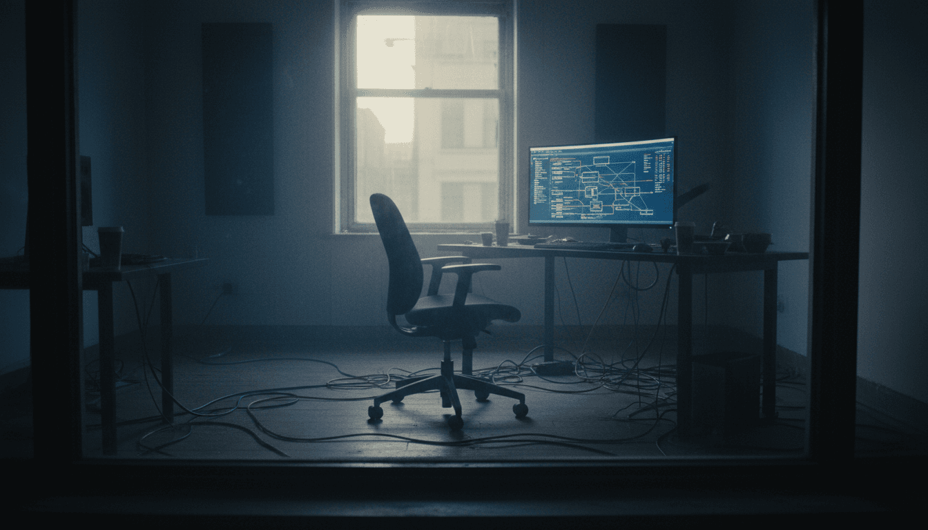 A dimly lit, empty digital music studio with a screen displaying frozen bank accounts, symbolizing the AI music royalty fraud.