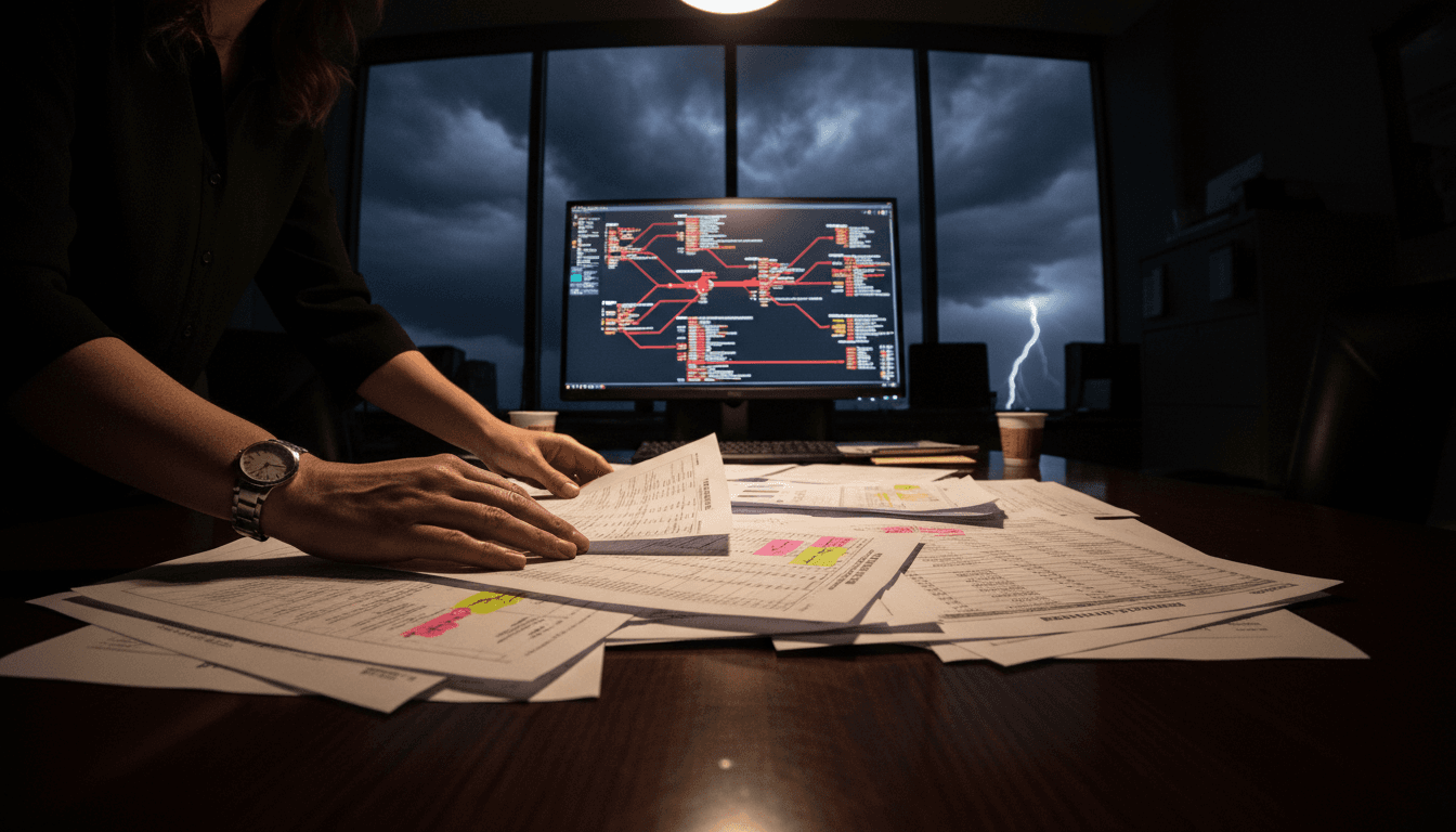 Federal agents examining documents and computer screens, investigating a stolen identity bank fraud ring.