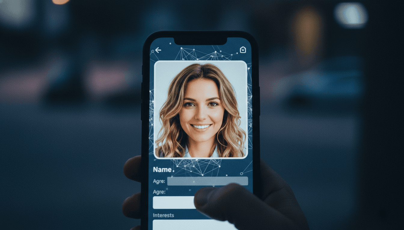 A close-up of a smartphone screen displaying a fake dating profile with a generic stock image, overlaid with a subtle, digital web of connections representing a romance fraud scheme.