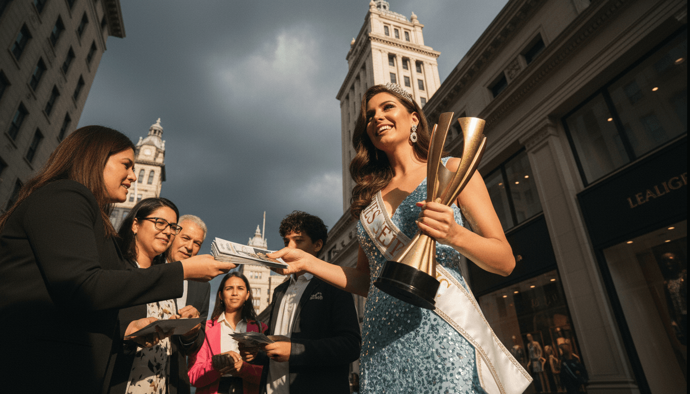 A woman's 'beauty queen' ponzi scheme exposed, showing a blurred figure in a glamorous setting with financial documents scattered.