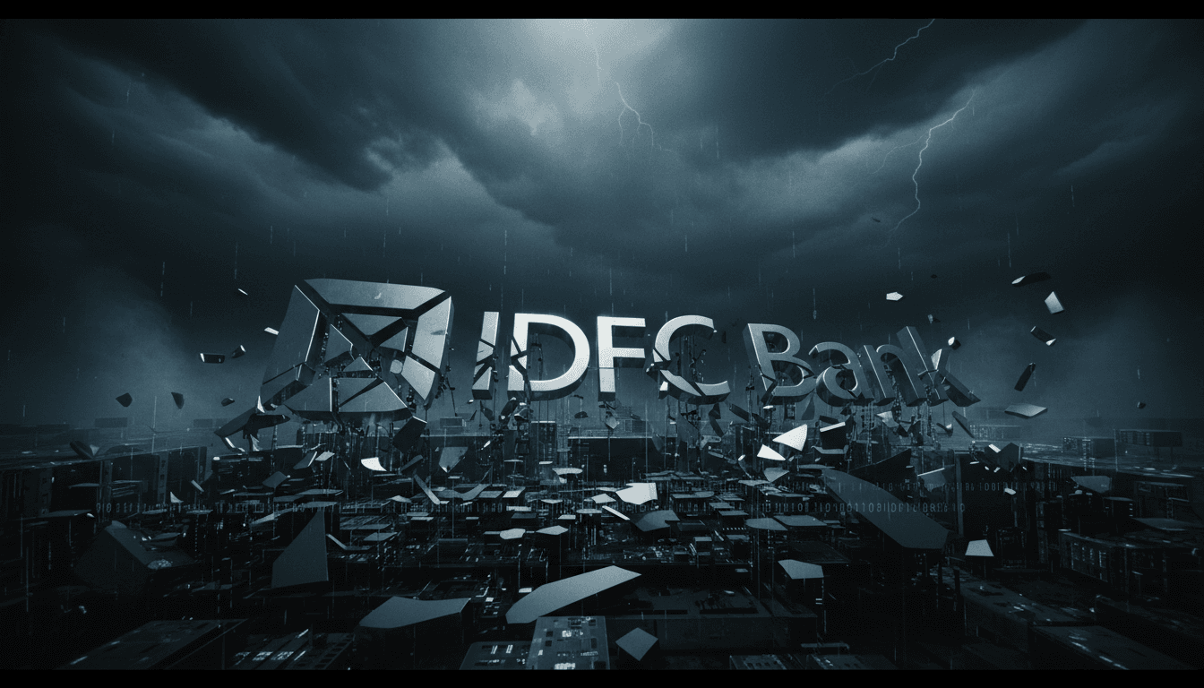 A conceptual image representing the unraveling of a ₹83-crore IDFC fraud, showing shattered pieces of a stylized bank logo on a digital background with faint lines of code.