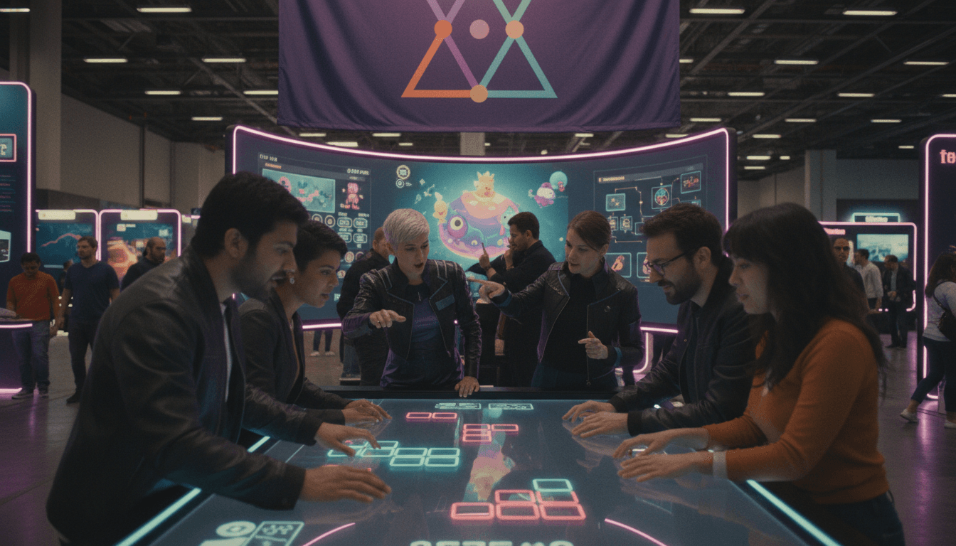A bustling digital conference booth showcasing a diverse range of new game genres, highlighting NCSoft diversifies beyond MMORPGs.