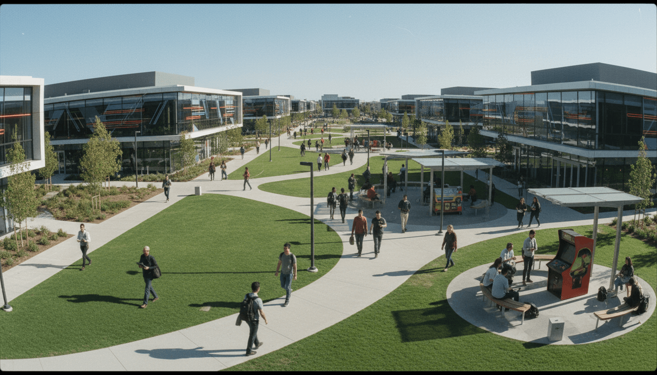 A wide shot of the bustling Epic Games campus, with various buildings and employee activity, representing the company's operational footprint amidst Epic Games layoffs.