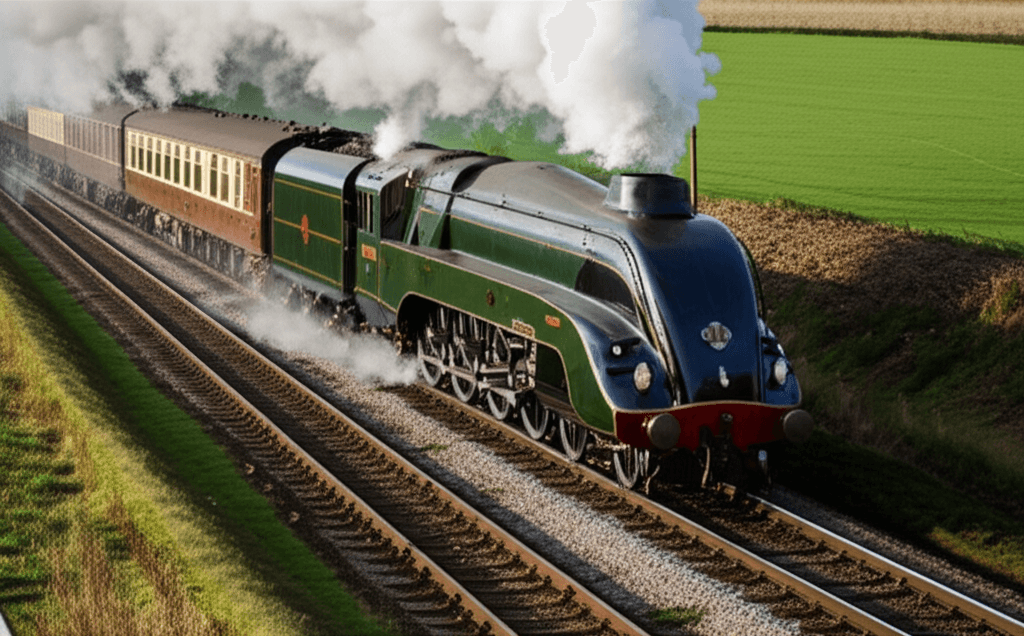 The Mallard, an A4 Pacific steam locomotive, on display at a railway museum, highlighting its sleek design and historical significance.