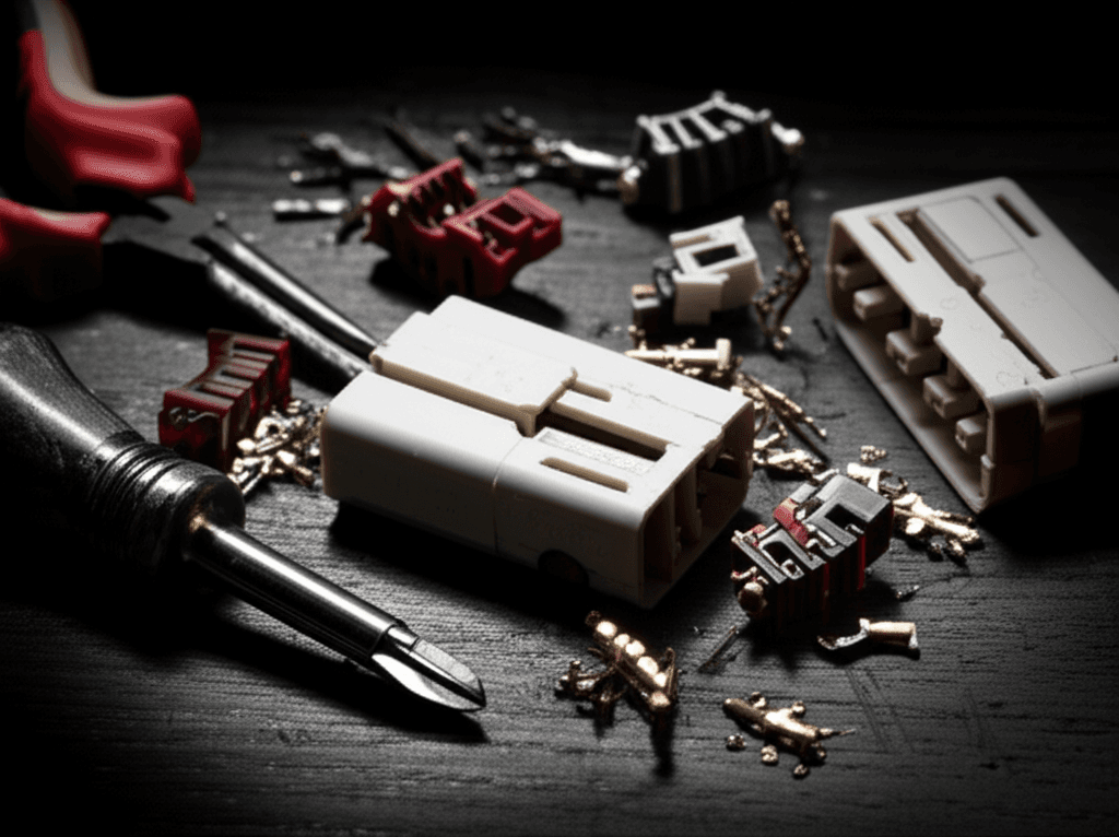 Close-up of disassembled fake Wago connectors showing substandard internal components.