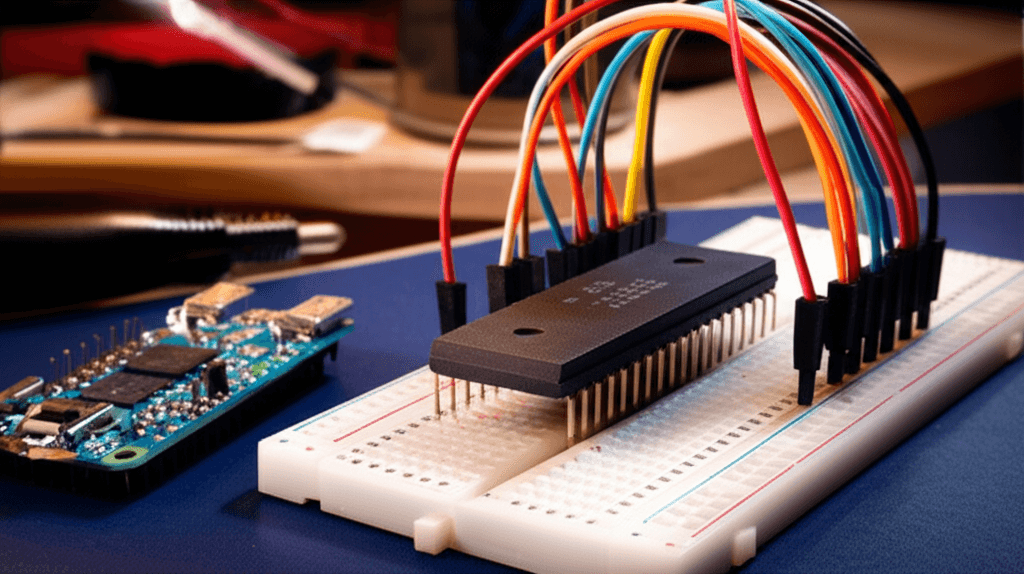 Intel 286 CPU with 68 pins connected to a breadboard as part of the CPU Revival Project