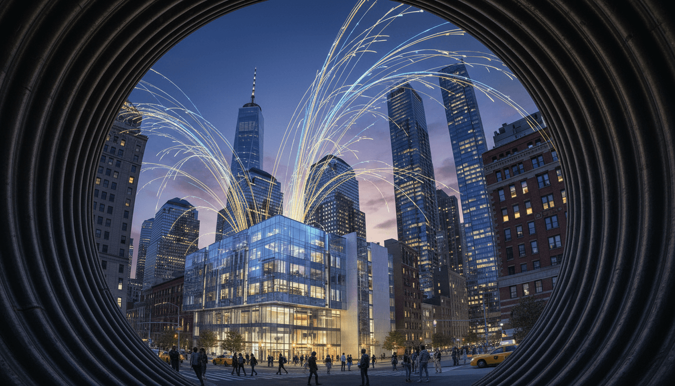 A conceptual image showing the NYU Quantum Institute bridges science & application, with glowing quantum circuits connecting university buildings to city skyscrapers.