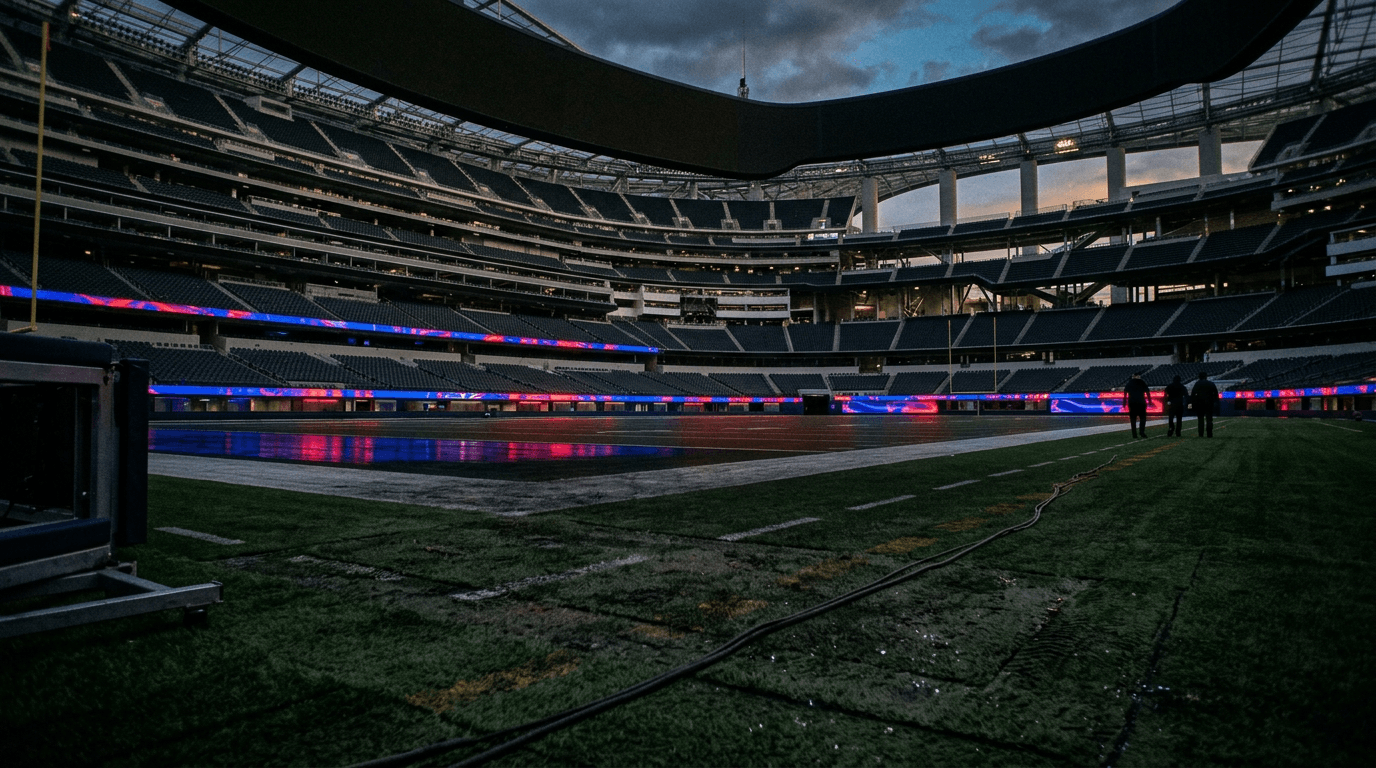 A wide-angle view of a stadium displaying the Verizon NFL sponsorship branding on digital boards.