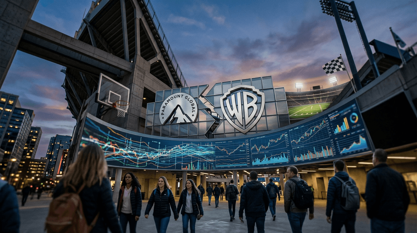 A conceptual image depicting two towering, abstract corporate logos merging, with stylized data streams and financial graphs flowing between them, against a backdrop of diverse sports imagery subtly integrated into the background, symbolizing the creation of a massive media entity from a landmark media merger.