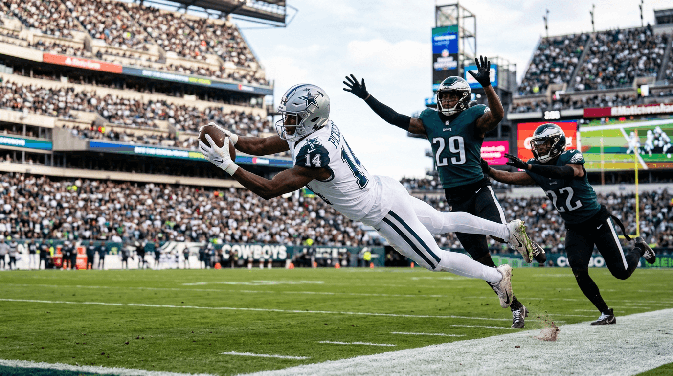 George Pickens, a wide receiver, in a Dallas Cowboys uniform, catching a football mid-air during a game with defenders around him, highlighting the action of a key play.
