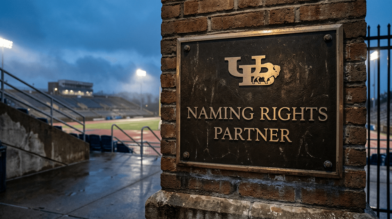 Close-up detail of a bronze plaque with an engraved university logo and the words 'Naming Rights Partner' underneath, symbolizing the new UB naming rights deal.