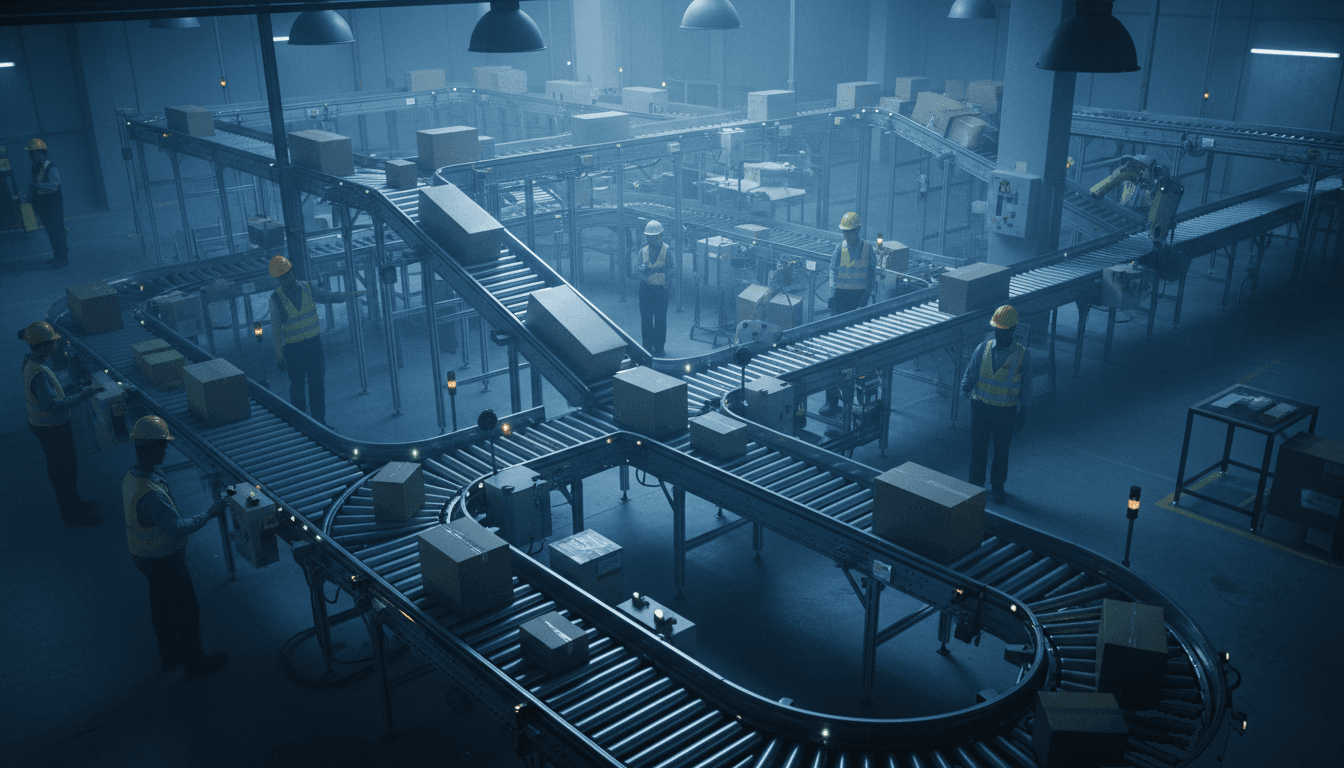 A close-up detail of a modern automated warehouse conveyor belt system with packages moving along, symbolizing efficient GLP IPO valuation backed logistics.