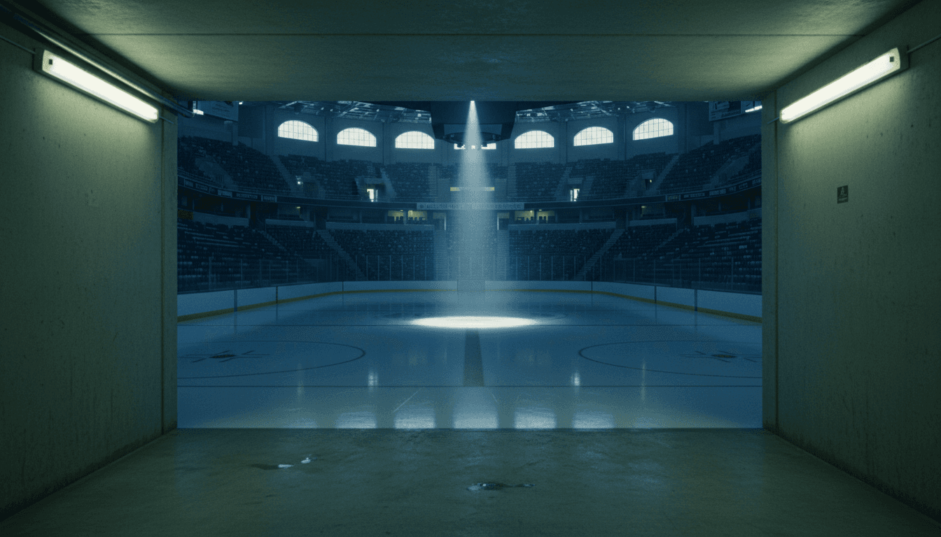 An empty, dimly lit hockey arena, with the ice surface gleaming under a single spotlight, symbolizing the calm before a potential storm in the Paramount WBD merger sports media rights market.
