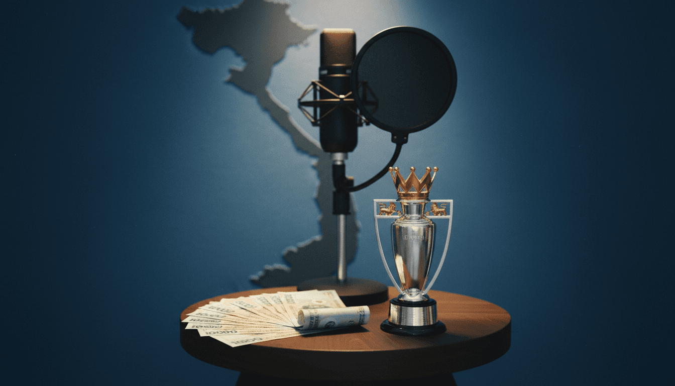 A collection of items representing the Premier League Vietnam deal: a miniature Premier League trophy, a stack of Vietnamese Dong currency, a broadcasting microphone, and a map of Vietnam highlighting broadcasting coverage.