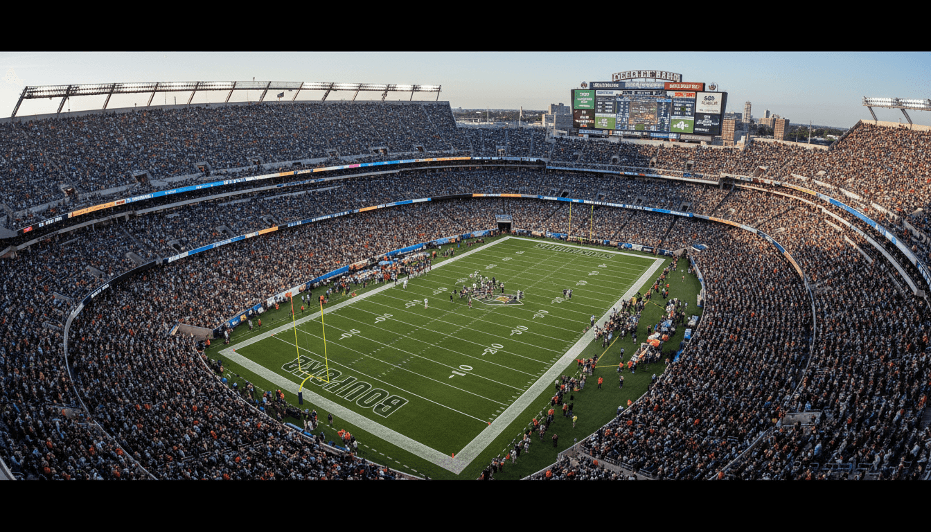 A wide shot of an NFL stadium filled with fans, with a scoreboard displaying a large financial figure, representing the future of $1 billion QB contracts.