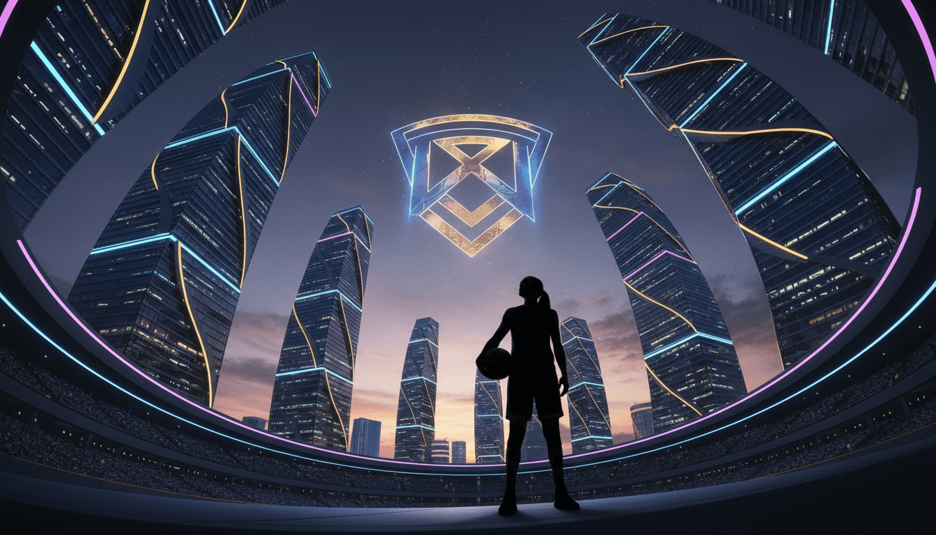 A conceptual image representing the LeBron James Las Vegas Dream, featuring a silhouette of a basketball player overlooking a futuristic Las Vegas skyline with a glowing team logo.