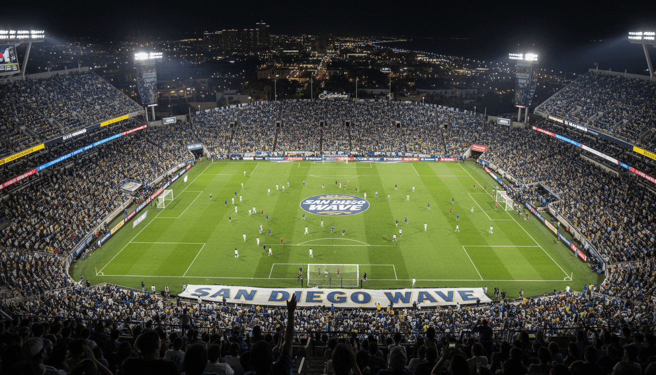 Aerial view of a packed soccer stadium during a San Diego Wave match, highlighting the impact of the record-breaking Macario contract.
