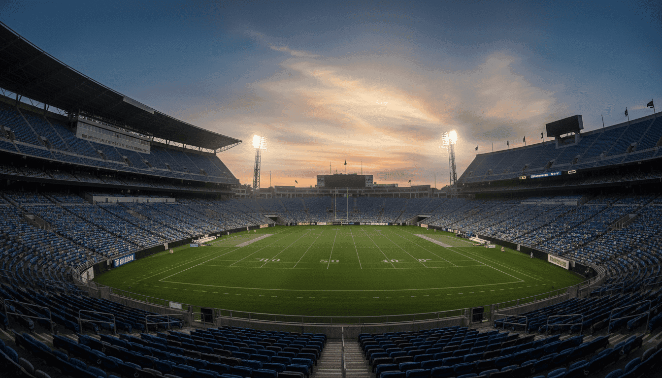 An empty football stadium at dusk, with stadium lights beginning to glow, reflecting the quiet departure of a key player in a blockbuster TE rival deal.