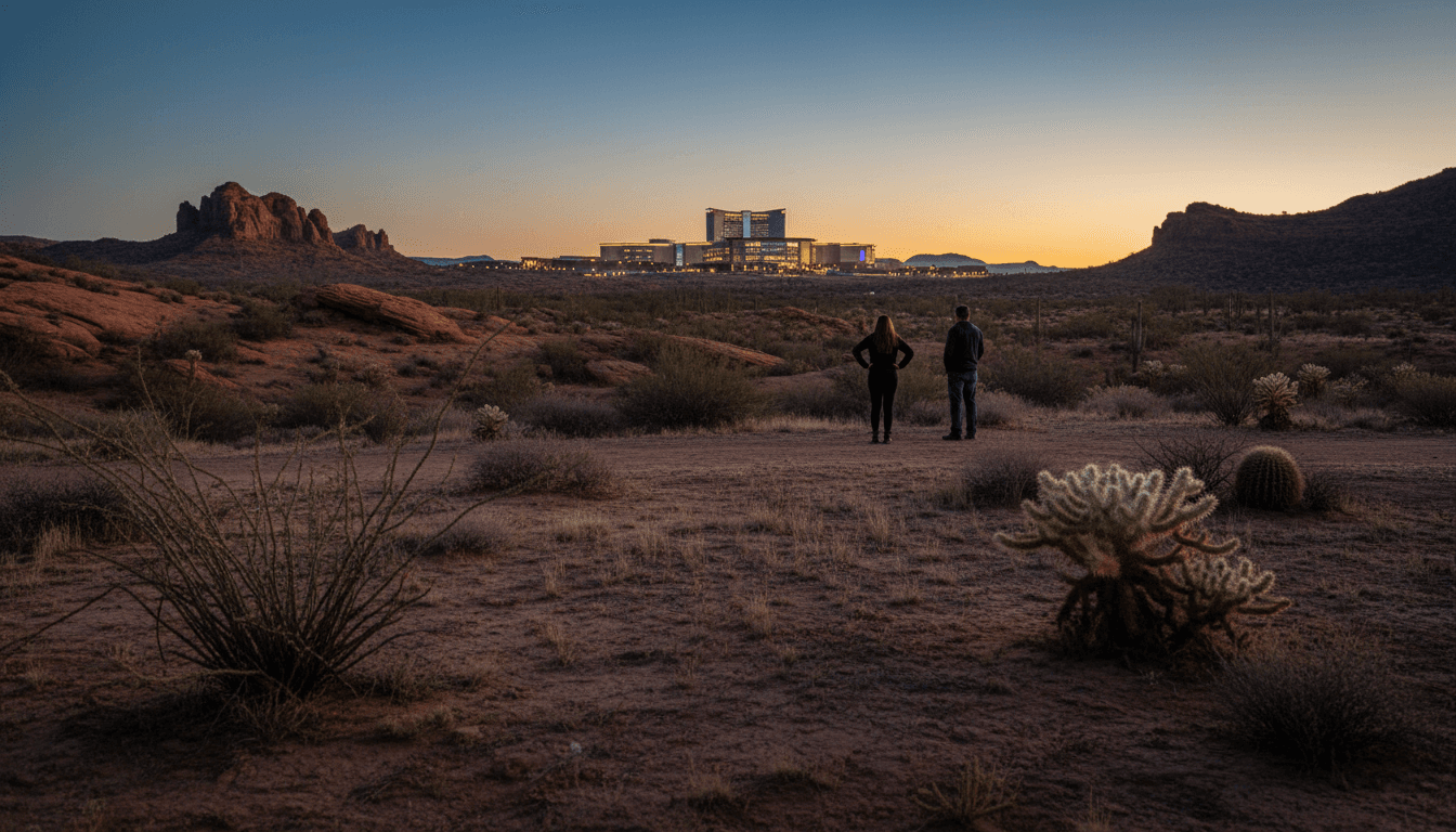 An empty, sun-drenched desert landscape in Arizona, with the distant silhouette of a tribal casino, symbolizing the regulatory tension around Arizona Kalshi charges.
