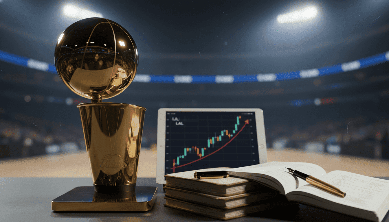 A close-up of a replica NBA championship trophy with the Los Angeles Lakers logo prominently displayed, next to a stack of historical financial ledgers and a tablet showing a stock market graph, symbolizing the $10 billion deal.