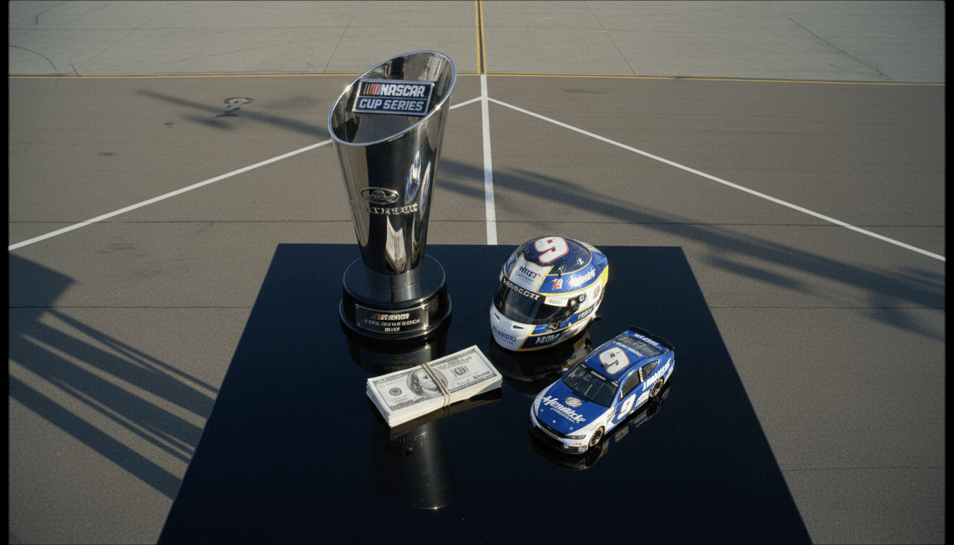 A detailed still life composition featuring a replica NASCAR trophy, a racing helmet with Chase Elliott's branding, a stack of crisp $100 bills, and a miniature model of a Hendrick Motorsports car, all meticulously arranged on a dark, polished surface to represent the Chase Elliott salary and his success.