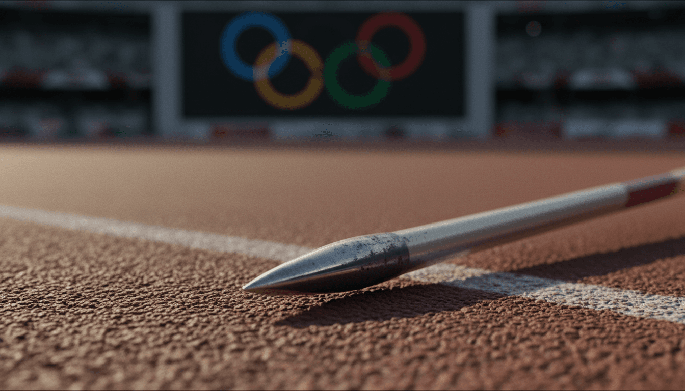 Close-up of a gleaming javelin tip with the Olympic rings subtly blurred in the background, symbolizing Neeraj Chopra brand value and athletic achievement.