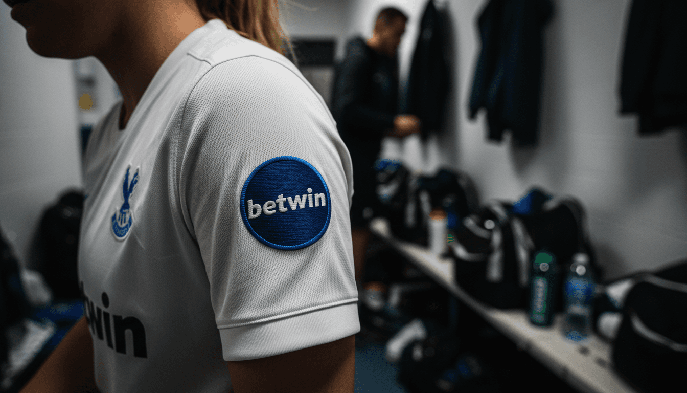 Close-up detail of a football jersey sleeve featuring a small, embroidered gambling company logo, symbolizing continued Premier League gambling deals.