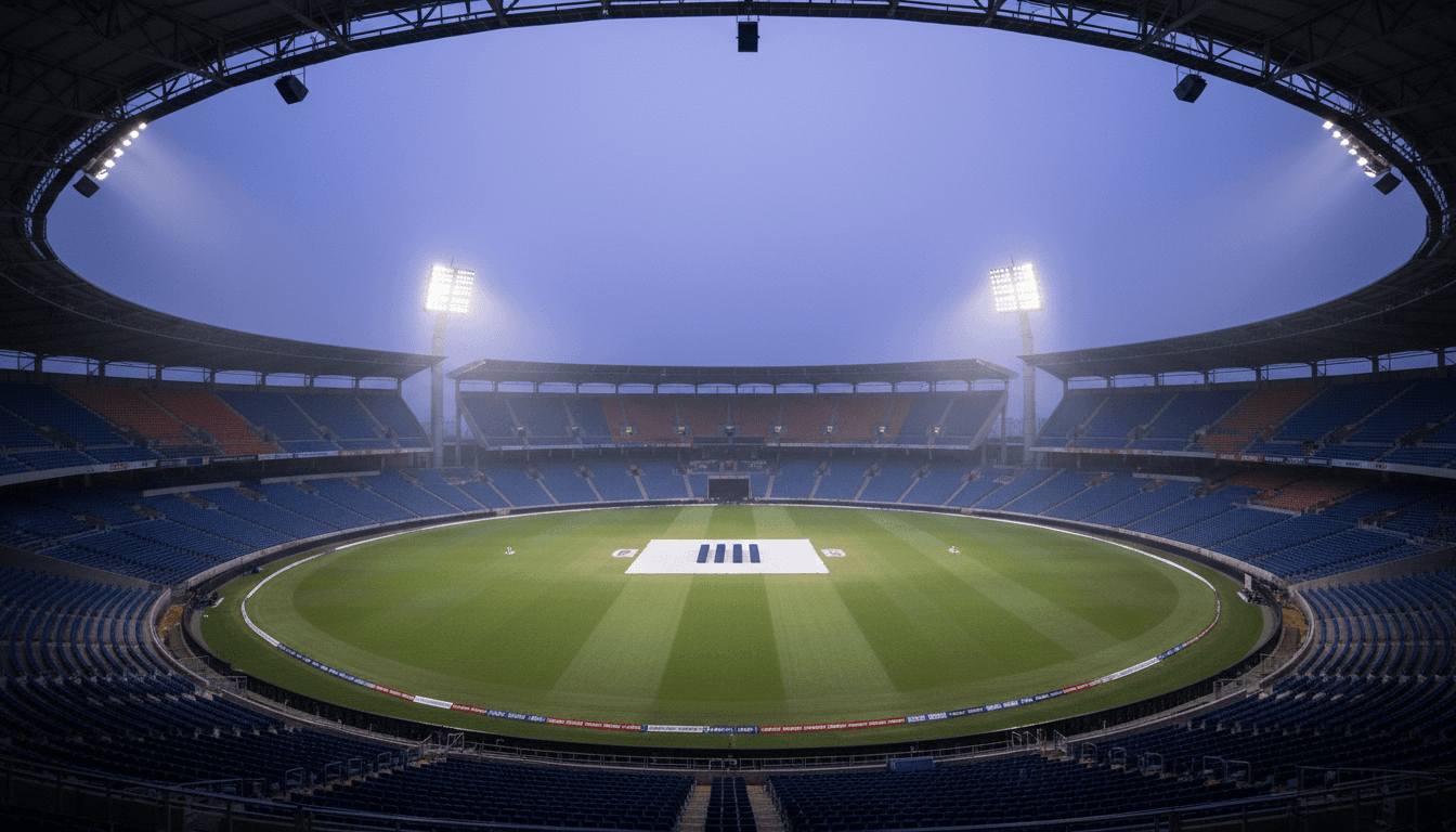 A bustling street-level scene outside a brightly lit cricket stadium in India, with fans holding banners and a large digital screen showing an IPL team logo, representing the influx of US money flooding IPL teams.