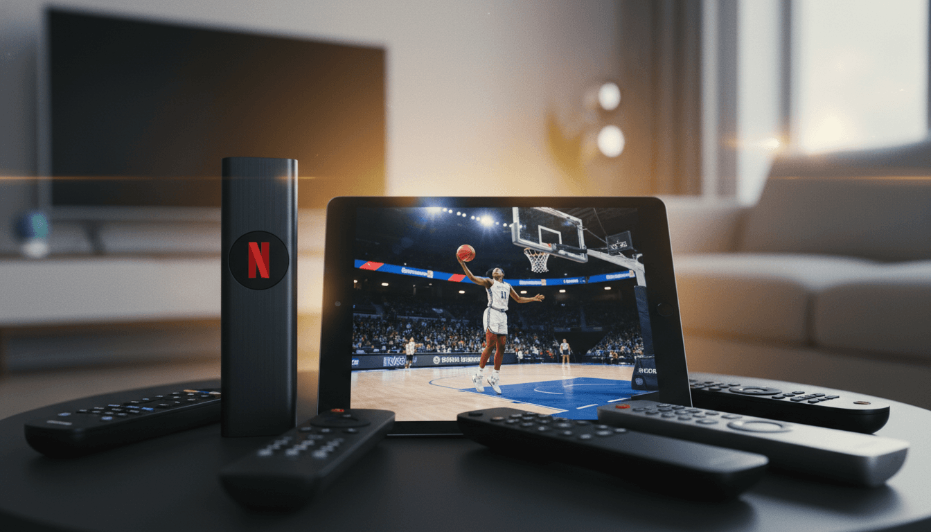 A stack of various streaming service remote controls, including one clearly branded Netflix, arranged on a polished surface next to a tablet displaying sports content, illustrating the impact of Netflix price hikes on the content war.