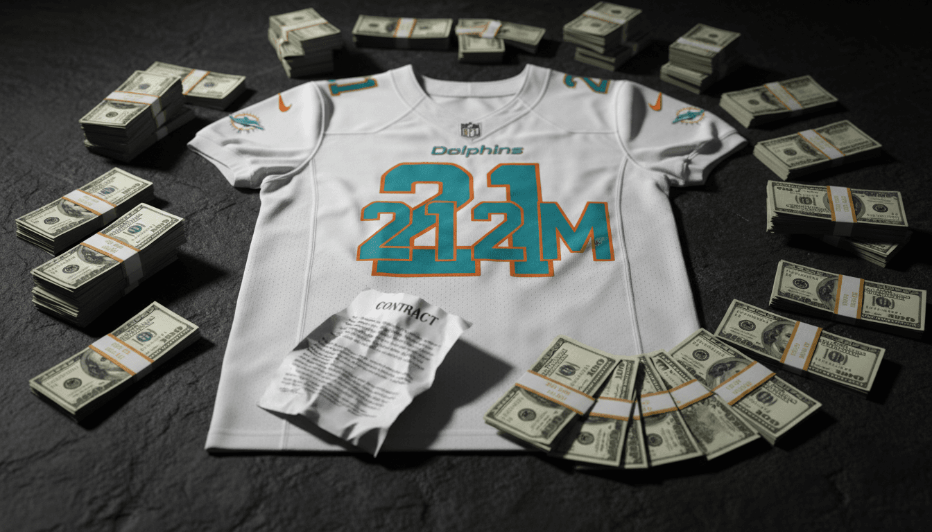 A Miami Dolphins football jersey with a large '212M' graphic overlay, surrounded by stacks of dollar bills and a crumpled, discarded contract document, symbolizing the Dolphins' $212 million contract backlash.
