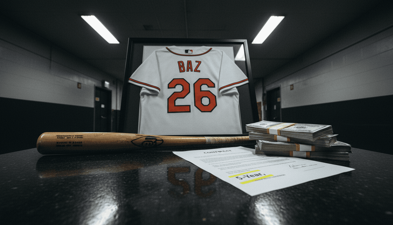 A framed Baltimore Orioles jersey with 'BAZ' and '26' (for 2026, the year of the deal) prominently displayed, sitting on a baseball bat. Next to it, a stack of crisp $100 bills and a contract document with '5-Year, $68 Million' highlighted, all against a dark, polished wood surface.
